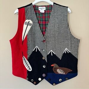 Vintage XL Wool Duck Vest Houndstooth Feather Patchwork Embroidered Eclectic